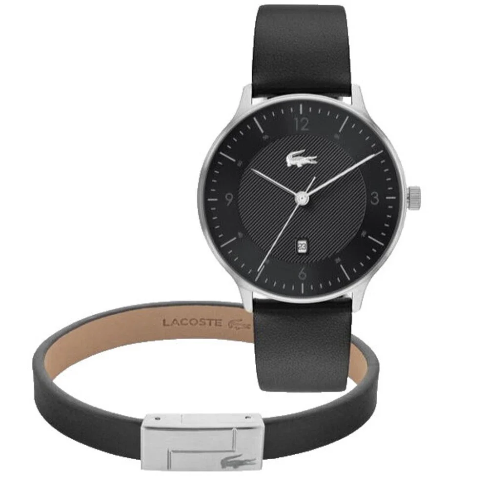 LACOSTE CLUB 2070019 BLACK DIAL & LEATHER STRAP BRACELET 42MM MENS WATCH SET